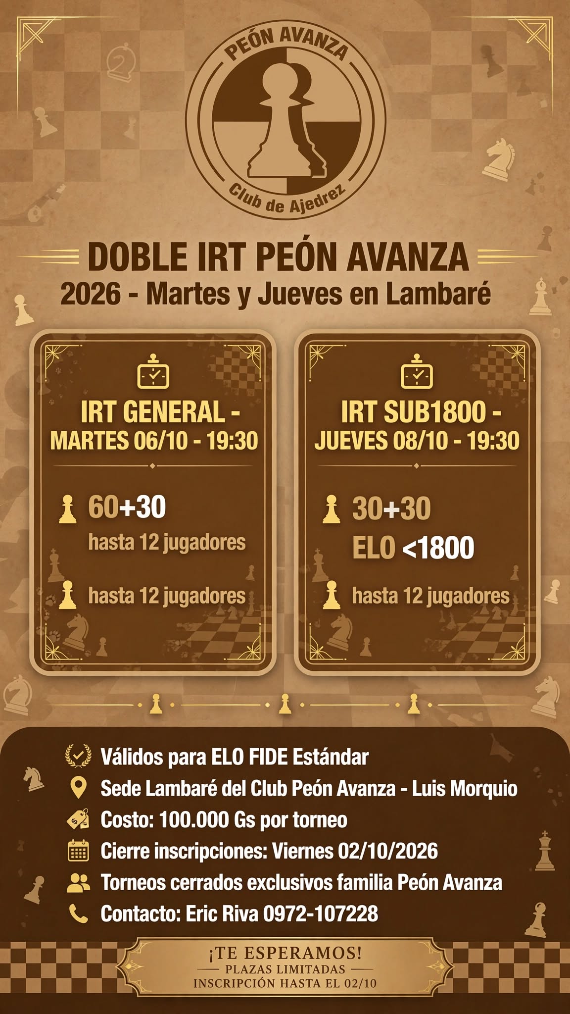 Flyer del doble IRT Round Robin del Club Peón Avanza 2026, con el torneo de los martes y el Sub1800 de los jueves